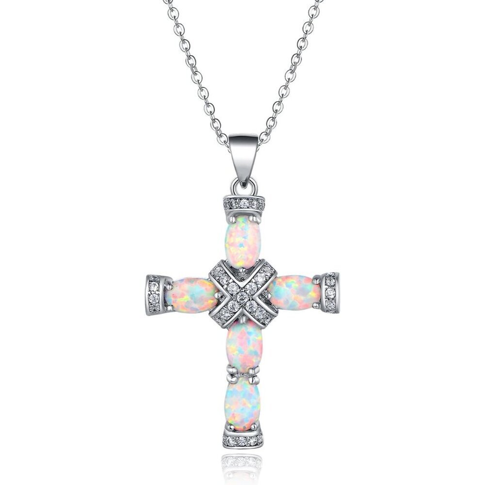 18K Gold Plated Created Opal Cross with Chain, 18 Inches with 2 Inches Extension